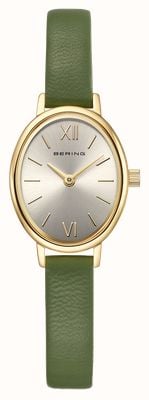 Bering Classic Oval Quartz (20mm) Silver Sunray Dial / Green Leather Strap Watch 11020-833