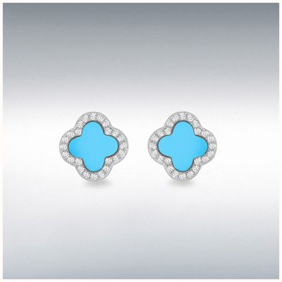 Sterling Silver Rhodium Plated 11mm Clover Syn Turquoise and 1.1mm White CZ Stud Earring 8.59.1911