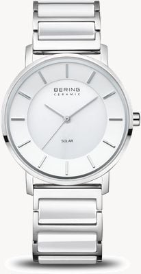 Bering Esfera blanca plateada pulida solar (35 mm) / pulsera de acero inoxidable y cerámica 19535-754