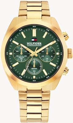 Tommy Hilfiger Cronógrafo Hudson (40 mm), esfera verde y brazalete de acero inoxidable con PVD dorado. 1710736