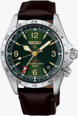 Seiko Orologio Prospex Alpinist meccanico GMT (39,5 mm) quadrante verde sunray / cinturino in pelle marrone HBC007J1