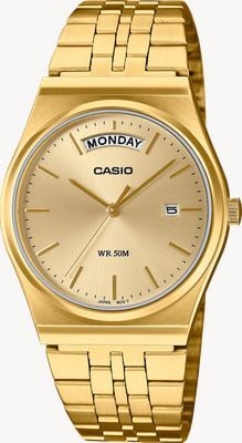 Casio Série rétro MTP jour/date (35 mm), cadran or soleillé / bracelet en acier inoxydable PVD or MTP-B146G-9AVEF