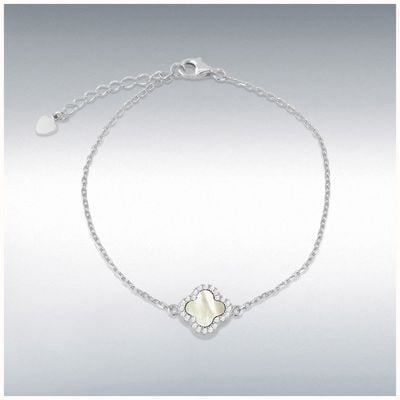 Sterling Silver Rhodium Plated 11mm Clover Mother of Pearl and 1.1mm White CZ Adjustable Bracelet 8.23.8152