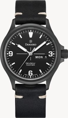 Damasko DK36/2 montre trois aiguilles jour/date manufacture automatique (40 mm) cadran noir / bracelet cuir noir DK36/2-VINTAGE BLACK LEATHER - TOP