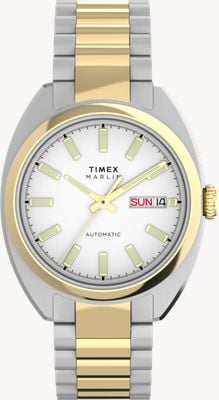 Timex Relógio Marlin Draper automático com dia/data (37 mm), mostrador branco e pulseira bicolor em aço inoxidável. TW2Y65100