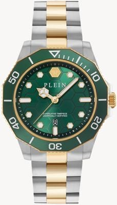 Philipp Plein Cuarzo Aquastorm (44 mm), esfera verde con efecto rayos de sol / brazalete de acero inoxidable de dos tonos PW2GA0526