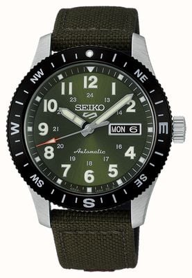 Seiko 5 Sportfelder in Müdigkeitsgrün (41 mm), grünes Zifferblatt mit Sonnenschliff / dunkelgrünes Nylonarmband HDB008K1