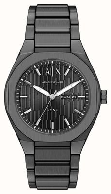 Armani Exchange Quarzo a tre lancette con giorno/data (42 mm), quadrante grigio testurizzato / bracciale in acciaio inossidabile PVD grigio AX4300
