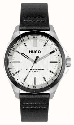 HUGO Cadran argenté #complet (42 mm) pour homme / bracelet en cuir noir 1530325