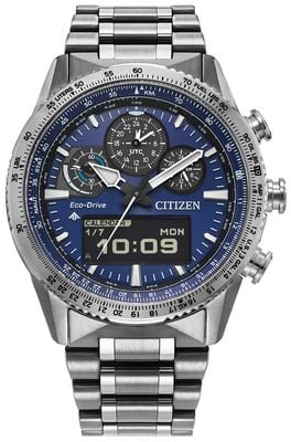 Citizen Eco-Drive Promaster Skyhawk Chronograph (43mm) Blue Dual-Display Dial / Stainless Steel Bracelet JV2000-51L