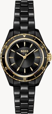 BOSS Salbeiblaue Quarzuhr mit drei Zeigern (30 mm), schwarzem Zifferblatt / schwarzem Keramikarmband 1502851