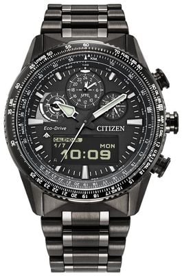Citizen Eco-Drive Promaster Skyhawk Chronograph (43mm) Black Dual-Display Dial / Grey Steel Bracelet JV2005-58E