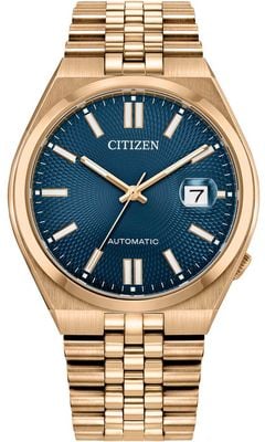 Citizen Tsuyosa 60 automático (40 mm) com mostrador azul texturizado e pulseira em aço inoxidável PVD com acabamento em ouro rosa NK0023-57L