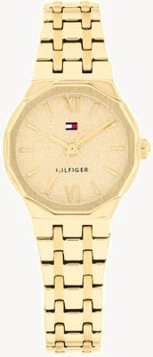 Tommy Hilfiger Reloj Mackenzie de cuarzo de tres manecillas (25 mm), esfera dorada texturizada y brazalete de acero inoxidable con recubrimiento PVD dorado. 1782886