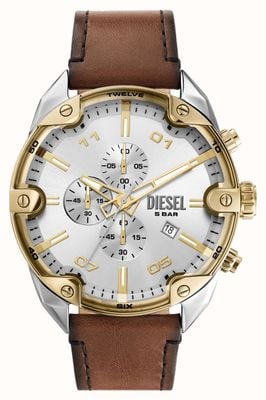 Diesel Cronografo con punte (49 mm) quadrante argento / cinturino in pelle marrone DZ4665