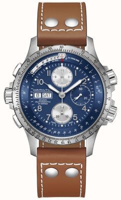 Hamilton Montre chronographe automatique Khaki Aviation X-Wind Day/Date (44 mm) avec cadran bleu aviation et bracelet en cuir marron H77506540