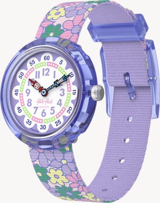 Flik Flak Flower Fields (31,85 mm) weißes und violettes Zifferblatt / Armband mit violettem Blumenmuster FBNP240