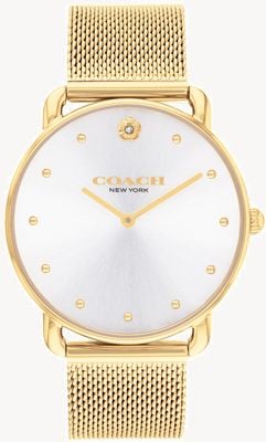 Coach Elliot-Damenuhr (36 mm) mit silbernem Zifferblatt und goldfarbenem Stahlgeflechtarmband 14504208