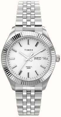 Timex Montre Legacy boyfriend jour/date à quartz (36 mm), cadran blanc, bracelet en acier inoxydable TW2U78700