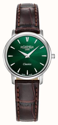 Roamer Montre à quartz Classico pour femme (30 mm) cadran vert / bracelet en cuir marron 971857 41 75 05