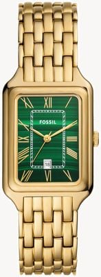 Fossil Raquel feminino (26 mm) com mostrador em pedra malaquita genuína / pulseira em aço inoxidável dourado ES5341
