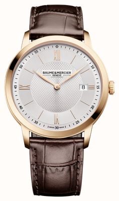 Baume & Mercier Zegarek kwarcowy Classima Date (40 mm) ze srebrną, satynową tarczą i ciemnobrązowym skórzanym paskiem 10857