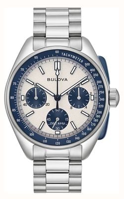 Bulova Lunar Pilot Heritage Chronograph (43.5mm) White Dial / Stainless Steel + Blue Leather Strap Set 98K112