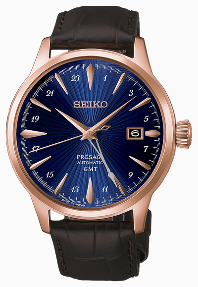 Seiko Presage Cocktail Time ‘ Corcovado’ GMT (40.5mm) Blue Dial / Brown Leather Strap HCB005J1