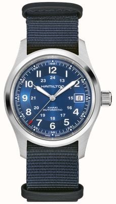 Hamilton Reloj automático Khaki Field (38 mm), esfera azul con efecto rayos de sol y correa OTAN azul. H70455940