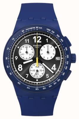 Swatch Nie ma nic podstawowego w niebieskiej (42 mm) czarnej tarczy chronografu i niebieskim silikonowym pasku SUSN418