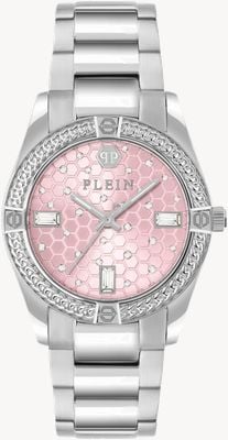 Philipp Plein Plein Icon Kette (36 mm), rosa Zifferblatt / Edelstahlarmband PW1FA0125
