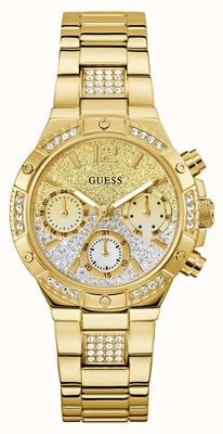 Guess Harlow Multifunktions-Zifferblatt (38 mm) mit Ombré-Glitzer-Zifferblatt / Armband aus goldfarbenem PVD-beschichtetem Edelstahl GW0950L2
