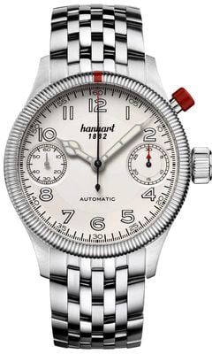 Hanhart Automatyczny chronograf Pioneer Monoscope (45 mm) ze srebrną tarczą / bransoletą ze stali nierdzewnej 733.220-6428