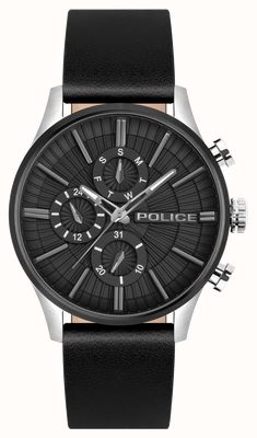 Police Barter Quarz-Multifunktionsuhr (44 mm), schwarzes Zifferblatt / schwarzes Lederarmband PEWJF2195040