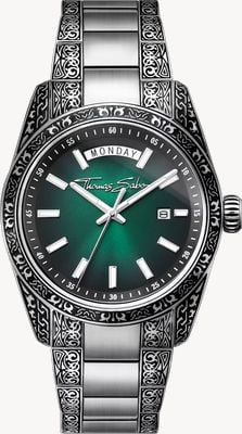 Thomas Sabo Rebel at heart 'revive' (40 mm) z zieloną, dymną tarczą sunburst / grawerowaną bransoletą ze stali nierdzewnej WA0440-201-211-40