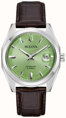Bulova Herren-Surveyer-Armbanduhr (39 mm) mit grünem Zifferblatt und braunem Lederarmband 96B427