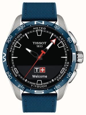 Tissot T-Touch Connect Solar-Titan (47,5 mm) schwarzes Zifferblatt / blaues synthetisches genarbtes Rindslederarmband T1214204705106