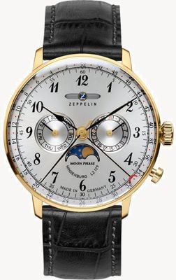 Zeppelin Lz 129 hindenburg fase da lua (40 mm) mostrador prateado / pulseira de couro preta 7038-1
