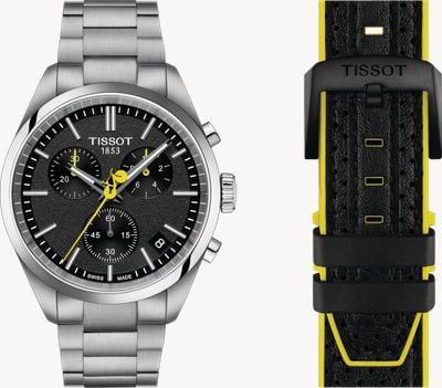 Tissot Ensemble chronographe Pr 100 Tour de France (40 mm) avec cadran noir / bracelet en acier inoxydable et noir T1504171105100