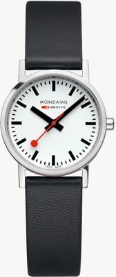 Mondaine Klassisch (30 mm) weißes Zifferblatt / schwarzes veganes Traubenlederarmband (poliertes Finish) A658.30323.11SBBV