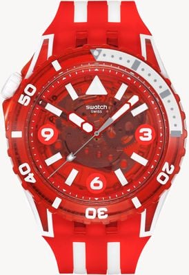 Swatch Scubaqua juba de leão (44 mm) mostrador vermelho transparente / pulseira de silicone vermelha transparente SSCU09R100