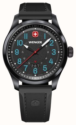 Wenger Reloj Terragraph de cuarzo (43 mm) con esfera negra texturizada y correa de silicona negra. 01.0541.127