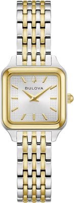 Bulova Sutton quartz (23 mm) zilverkleurige wijzerplaat met zonnestraalmotief / tweekleurige roestvrijstalen armband 98L330