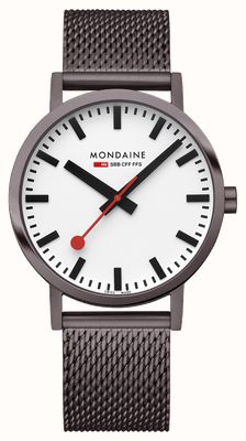 Mondaine Klassisch (40 mm) weißes Zifferblatt / braunes IP-Edelstahl-Mesh-Armband A660.30360.1BSBZ