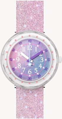 Flik Flak Pearlaxus | rosa Glitzer-Silikonarmband | mehrfarbiges Zifferblatt FCSP107