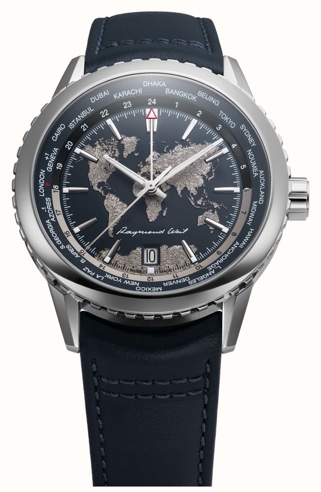 Raymond Weil Freelancer World-Traveller GMT Limited Edition (40mm) Blue 'World Map' Dial / Blue Leather Strap 2762-STC-02026 - vista alternativa 3