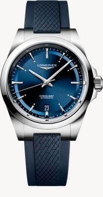 LONGINES Conquest automaat (38 mm) met blauwe wijzerplaat met zonnestraalmotief / blauwe rubberen band L37204929