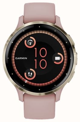 Garmin Venu 3s 软金不锈钢表圈，搭配尘玫瑰色表壳和硅胶表带 010-02785-03