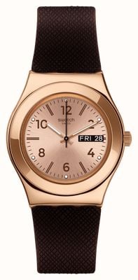 Swatch BROWNEE (33mm) Rose Gold Dial / Brown Silicone Strap YLG701