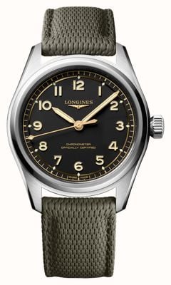 LONGINES Chronomètre automatique Spirit Pilot (39 mm), cadran noir / bracelet en caoutchouc vert L38094539